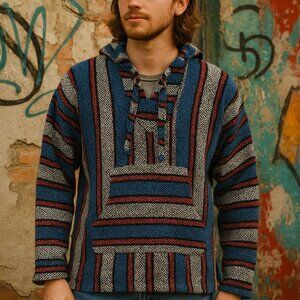 Artytex Baja Hoodie Pullover | Size Small | Mexican Woven Boho Surf Poncho
